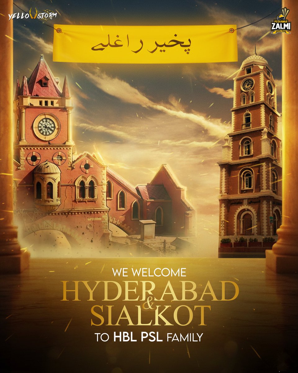 PeshawarZalmi's tweet photo. From the heart of Peshawar, we warmly welcome 𝐇𝐲𝐝𝐞𝐫𝐚𝐛𝐚𝐝 & 𝐒𝐢𝐚𝐥𝐤𝐨𝐭 to the HBL PSL family. 💛🔥
Together, let’s take the league to another level.
#HBLPSL #Zalmi #YellowStorm #ZalmiXLegacy https://t.co/GLi7bVg0vQ