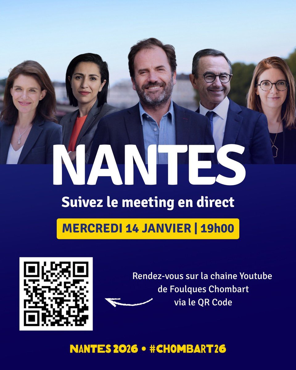 Mon meeting de mercredi affichant complet depuis plusieurs jours, suivez-le en direct sur ma chaîne YouTube ⬇️

youtube.com/@foulqueschomb…

🙏désolé pour tous ceux qui ne pourront venir
🙏🙏🙏merci pour cette folle énergie qui se lève pour #Nantes 
#Municipales2026 #chombart2026