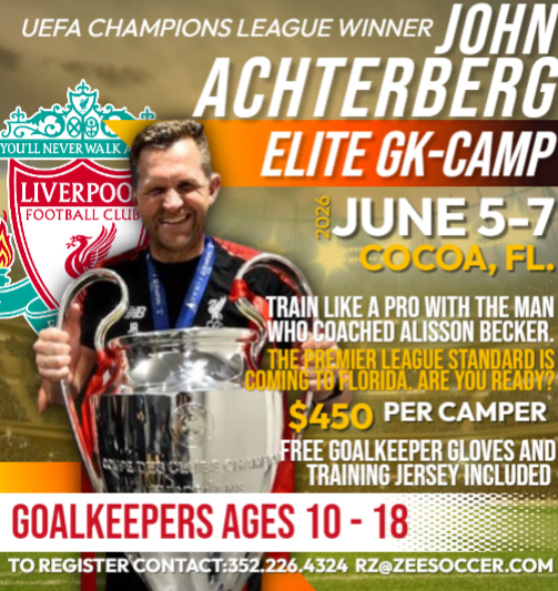 CoachRickZee's tweet photo. Train with a CHAMPIONS LEAGUE winner! 🏆

John Achterberg (15 years at @LFC, coach to Alisson Becker) is coming to Cocoa, FL this June!

⚽️ Ages 10-18 📅 June 5-7, 2026 🔥 Pro-level intensity

Don't miss the best GK camp of the summer.

REGISTER: 352.226.4324 - rz@zeesoccer.com https://t.co/qjJGm4ahmo