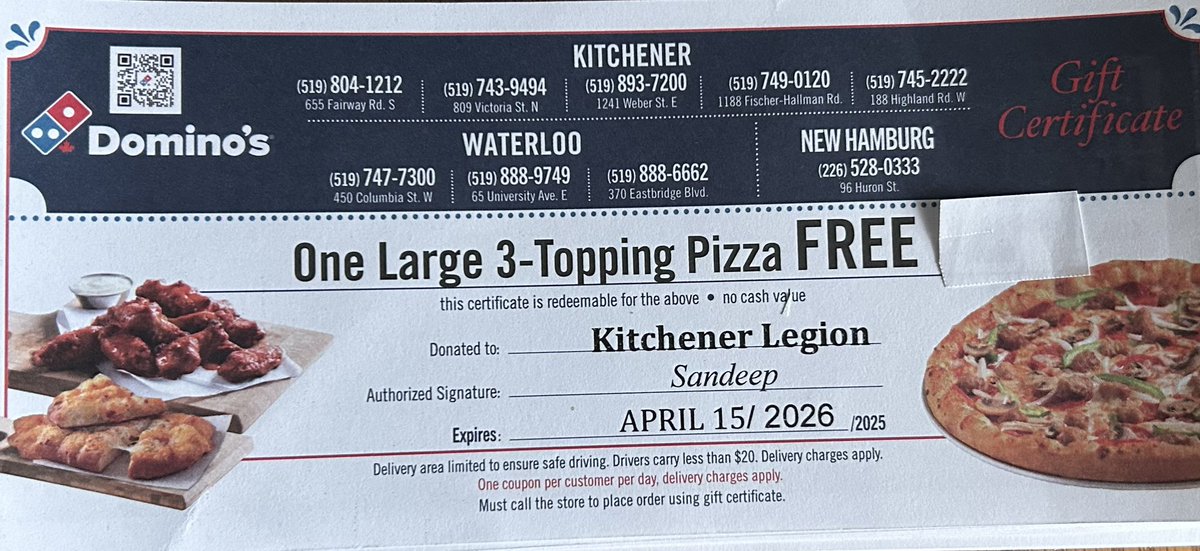 SantaJasonW's tweet image. Pizza!!! Who wants some? Dominos Pizza fundraiser for the Polish Legion branch 412 in Kitchener to help with the deductible of $5000 to repair the damaged heating system $15 for a certificate $9 goes to the Legion. Pick up is at Queen and Lancaster Street Kitchener…