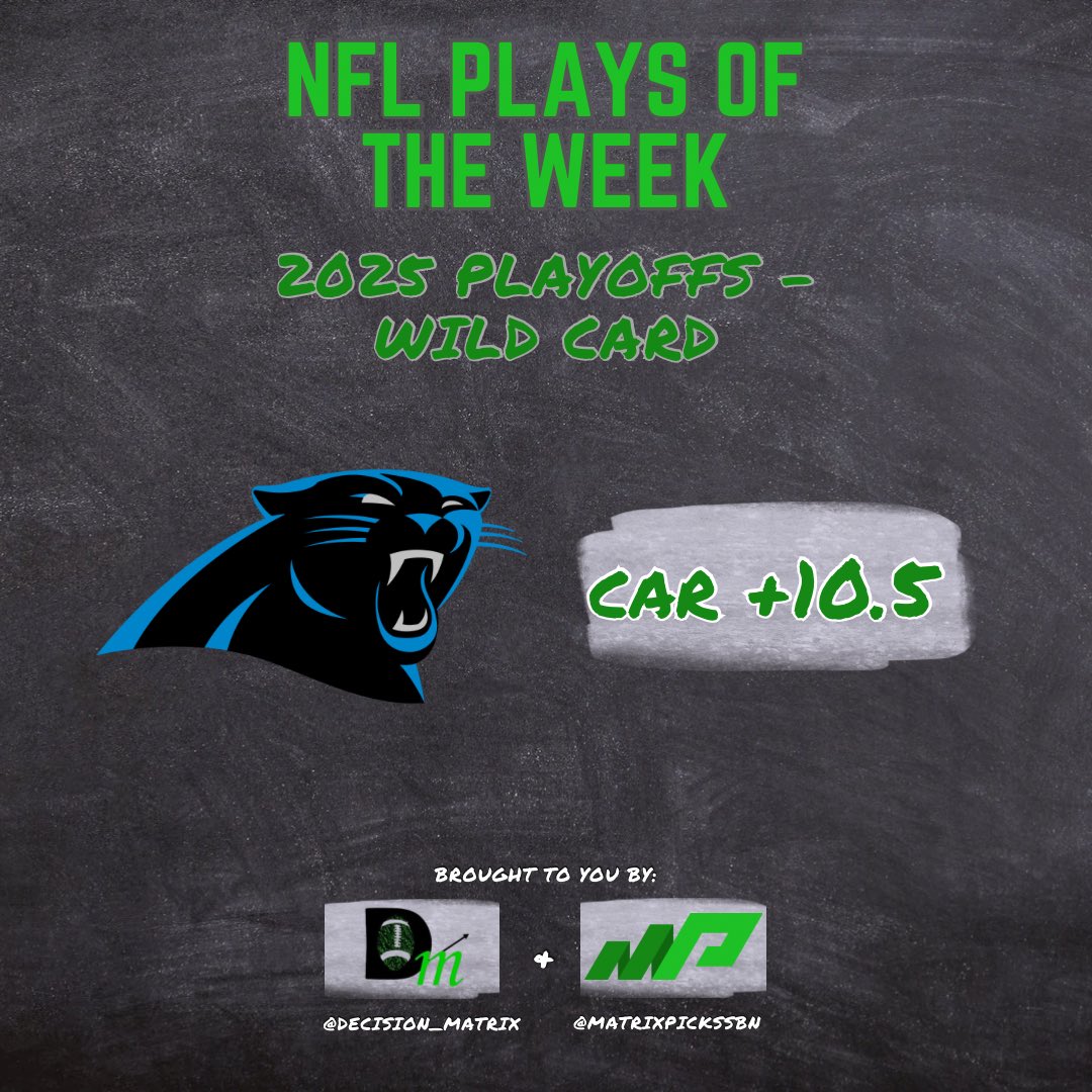 Decision_Matrix's tweet photo. 2026 NFL PLAYOFFS are HERE!

Plays for Saturday start off with:

Carolina Panthers +10.5 (-110)

#NFLbets #NFLbetting #NFLpicks https://t.co/usMubeV59t