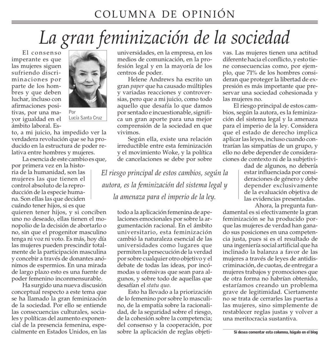 cleporati's tweet image. "Asociar lo femenino a lo emocional y lo emocional a lo irracional es una reducción que nos empobrece"... la respuesta de un grupo de mujeres a la reflexión de Lucía Santa Cruz .