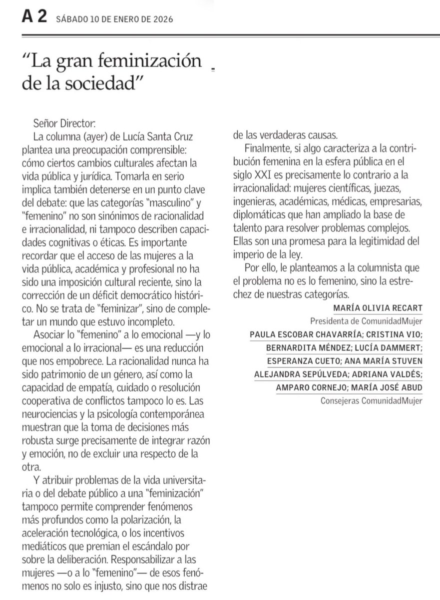 cleporati's tweet image. "Asociar lo femenino a lo emocional y lo emocional a lo irracional es una reducción que nos empobrece"... la respuesta de un grupo de mujeres a la reflexión de Lucía Santa Cruz .