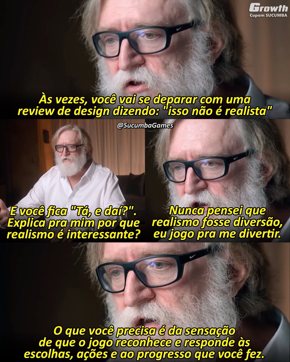 SucumbaGames's tweet image. Gabe Newell, fundador da Valve (Steam), explicando que o que dá vida a um jogo é a interação e não o realismo.