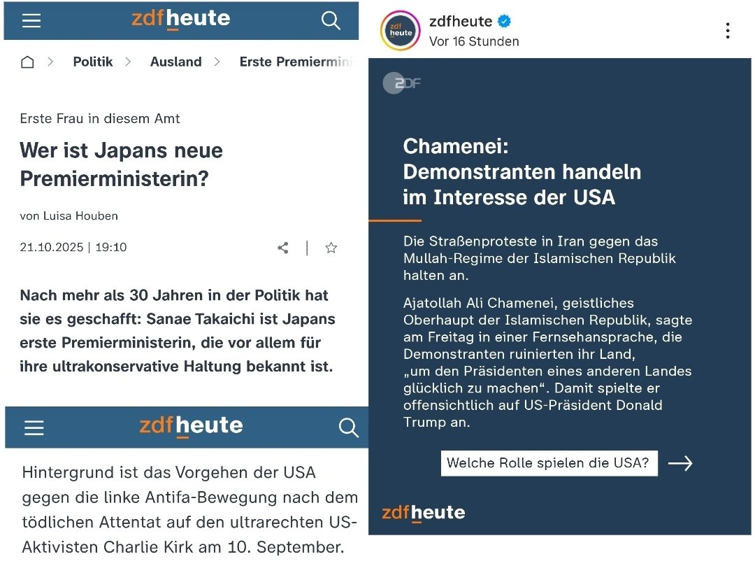 Für @zdfheute ist:
- Charlie Kirk "ultrarechts"
- Japans Premierministerin Takaichi "ultrakonservativ"
- Ajatollah Chamenei "geistiges Oberhaupt der Islamischen Republik" Iran
#OerrBlog