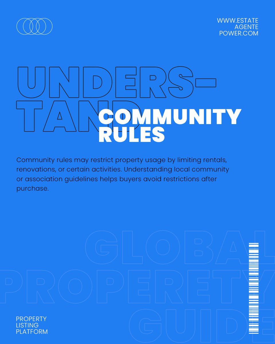 Estateagentpow1's tweet image. Understand Community Rules

🏘️📋 Community rules may restrict rentals, renovations, or usage. Reviewing association guidelines helps buyers avoid surprises after purchase.
#CommunityRules #HOA #PropertyLiving #GlobalHomes