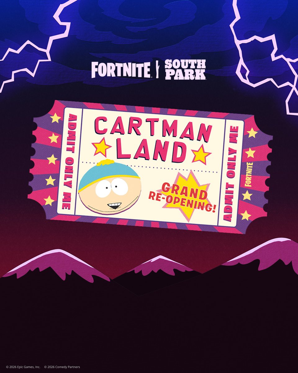 Fortnite's tweet image. Check out the all new Cartmanland the, no, our Grand Re-Opening!
