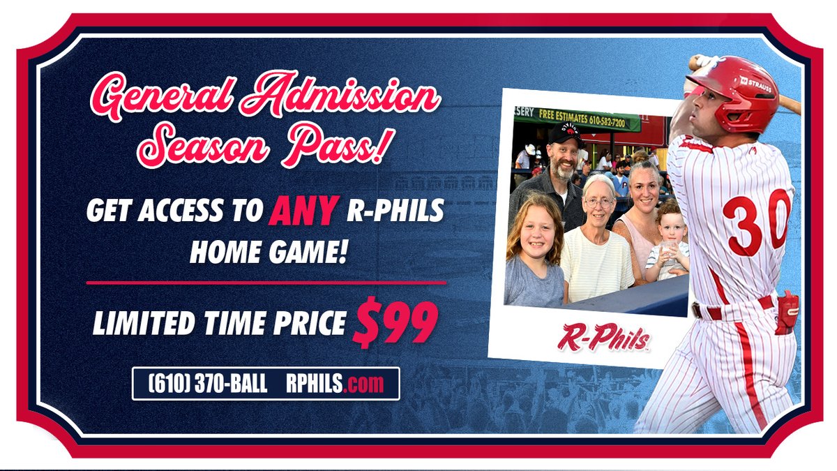 ReadingFightins's tweet image. 🎉 New for 2026! Grab a General Admission Season Pass and catch any R-Phils home game next season for just $99! ⚾

Limited time — lock yours in now: tinyurl.com/3fuwmve5