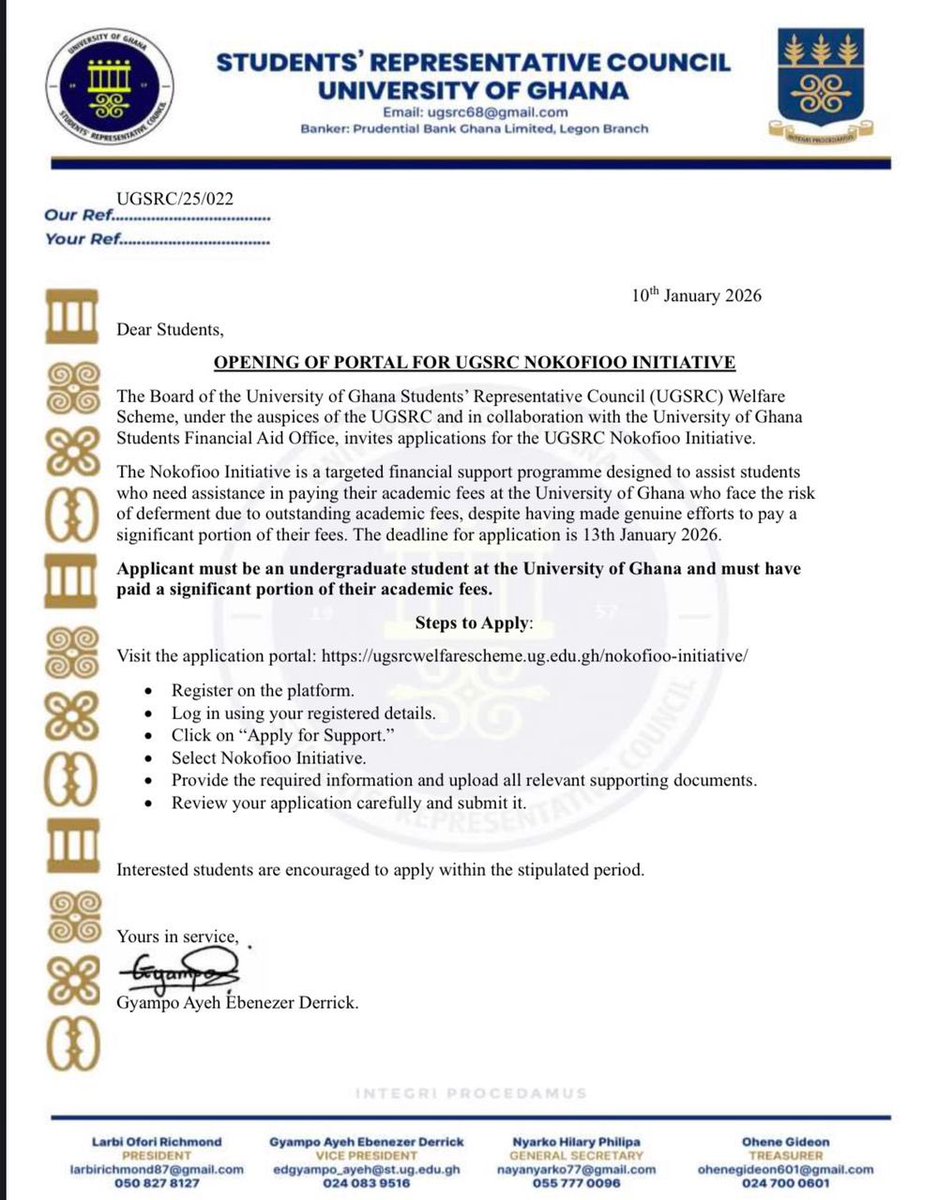 OforiLarbi_00's tweet photo. Fellow Legonites,
Be informed that the portal for the UGSRC Nokofioo Scholarship has been opened. Students who have paid an amount of their academic fees and need a top up can apply for assistance. @Voice_of_Legon @Ug_src 
#UJAMAA #GettingTheJobDone https://t.co/6IdMqDdizk