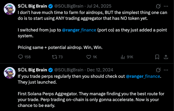 absolute_0x0's tweet photo. Back again, Putting 6 figures into @ranger_finance.
1 hour left, rates are low.
> MetaDAO launch, therefore unruggable especially with the new buy wall. 
> Every single verified launch from @MetaDAOProject has traded well above ICO and ALL remain above.
> @avici trading at +687.3%
> @UmbraPrivacy trading at +369.9%
> @omnipair trading at +426.5%
> @solomon traded at +75% above ICO
> Co-Founder @0xFA2 has a previous strong exit to with @Solana_FM to @JupiterExchange 
> Man was main stage with army pants at Breakpoint. He’s serious.
> Co-founder arguably even more bullish @barrett_io... is a @mtndao Co-Founder and deeply rooted int he Solana builder ecosystem... just think of a notable figure in Solana and they are connected with him.

> First launch that has previous VC backers and Ranger had last valuation 30M.
> After coming off absolutely incredible momentum of @solomon_labs commits hitting 100M+ and having 500+ projects asking to be in the MetaDAO launchpad… @connan_james  and @metaproph3t chose to wait, not just max extract and launch something right away.

> They took their time, auditing @ranger_finance , making sure we could have a true ownership token that had previous venture backers. Properly making it so ranger users get an allocation as well.

> @MetaDAOProject is DENYING people, saying “hey we recommend you find funding elsewhere because we have so many projects.”

These guys at @MetaDAOProject  somehow made the best launchpad EVEN better somehow it’s ridiculous.

> The usual 20% raise gets put into the LP.
> But every dollar kept for team goes into a one-sided buy wall for 90 days,so the will most likely keep 12M instead of the minimum 6M, and you will be looking at ~7.2M of USDC on Meteoria/futarchy AMM… making downside literally close to zero.
As for @ranger_finance it’s a perps aggregator routing across @JupiterExchange, @DriftProtocol, @FlashTrade... with billion+ of volume.

Roadmap includes expanding to vaults, portfolios, RWAs, and public APIs 3-4 times in updates.

Who’s watching?

Literally everyone following the stage at breakpoint.

It may not seem like it now with 55 minutes left, but my gut says close to Solomon/Umbra level of commitment. 

> But since the more $ that gets committed -> The more dilution.

So their is legit no incentive to talk about Ranger UNLESS you are a degenerate like me hedging my dilution on Ranger by betting heavy on @polymarket.

Wouldn’t you want as much $AVICI, $OMFG $UMBRA $SOLO at ICO price?

tl;dr

Whales will blast last 30 min commits -> 60M to 80M