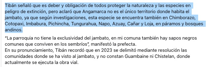 La última población del jambato negro está en peligro de desaparecer por la ampliación de una carretera en Cotopaxi
La obra es promovida por <a href="/lourdestiban1/">Lulu Tiban</a> 
Ella justifica el impacto afirmando que la especie también sobrevive en otras provincias
Eso es completamente falso 🧵