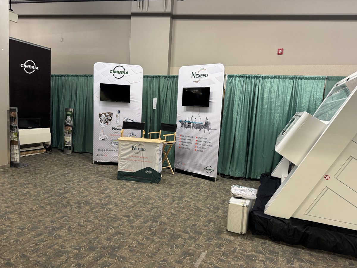 Set up for 2026 Crop Production show looking forward to SSGA and 3 show days to see customers, processor’s and Industry friends Nexeed and Cimbria Hall A booth A1