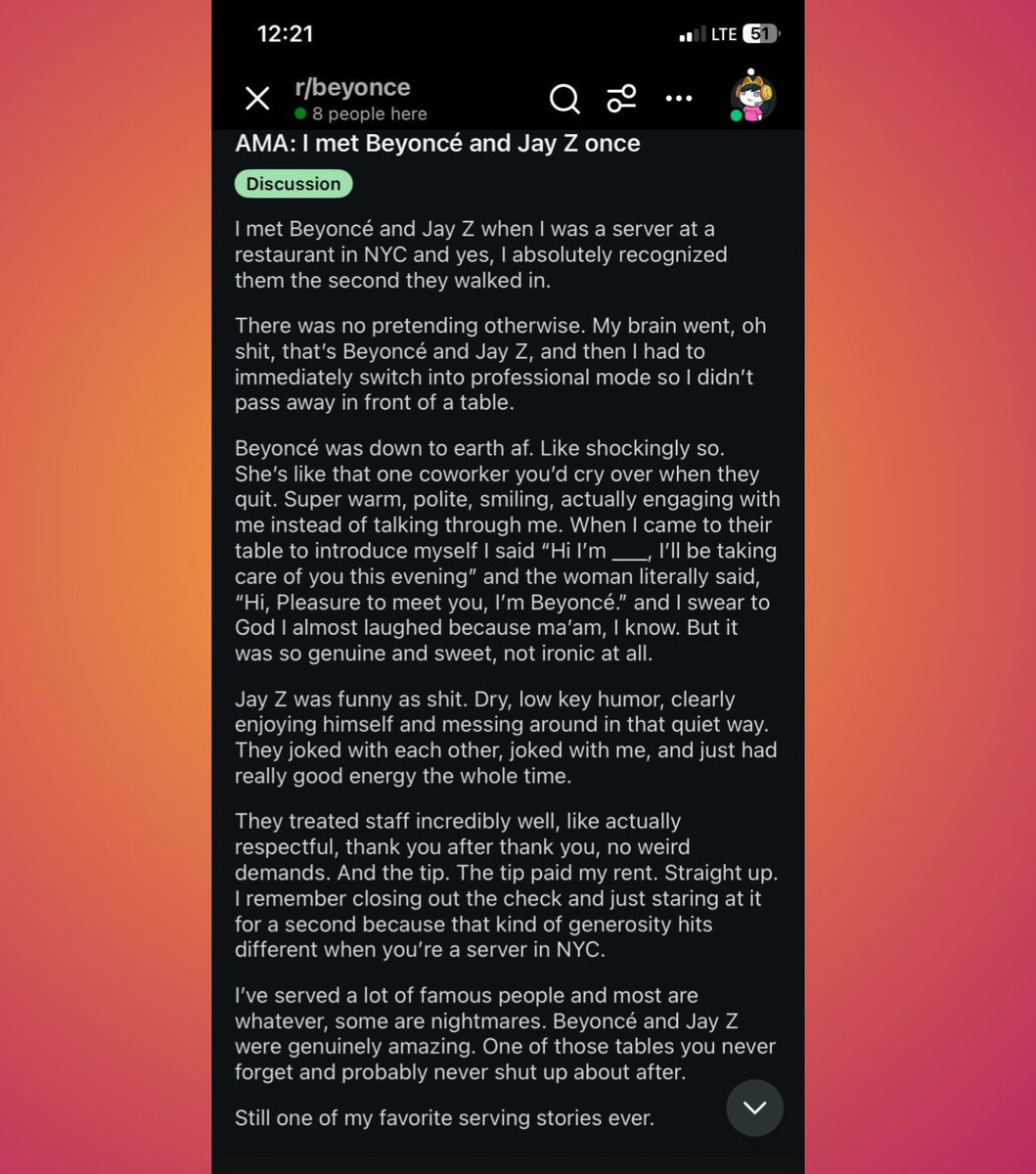 RedMedia_us's tweet image. Waiter shares how Beyoncé and Jay-Z completely surprised her with their humility and great sense of humor during a restaurant visit — and left a tip so generous it covered her house rent instantly.

"Beyoncé was down to earth af. Like shockingly so. She's like that one coworker…