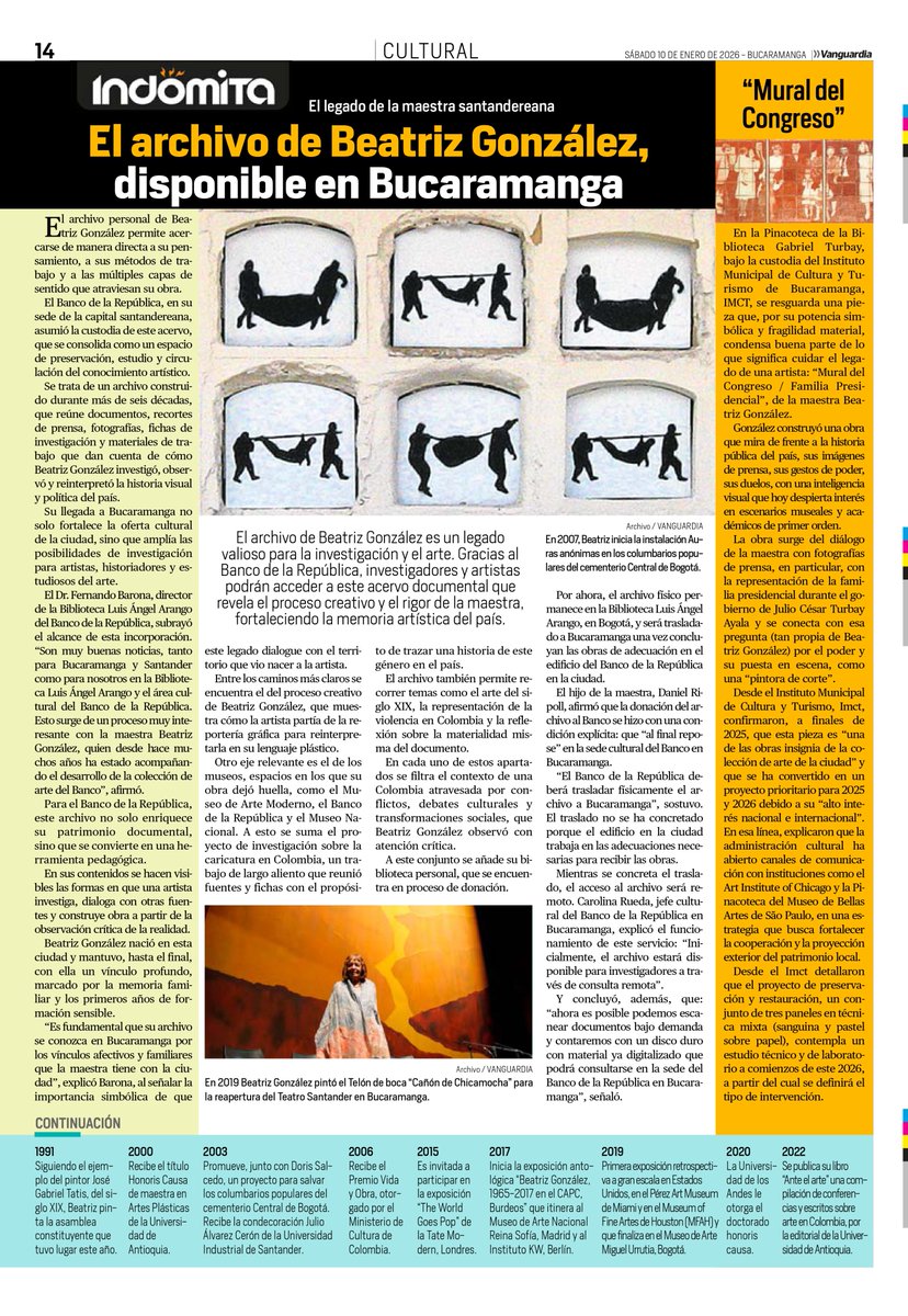 <a href="/Jp_Remolina/">Juan Pablo Remolina</a> <a href="/vanguardiacom/">Vanguardia</a> <a href="/metropolitano_X/">Metropolitano Noticias</a> <a href="/jmontoyabozzi/">Juan Camilo Montoya</a> <a href="/Solano/">Víctor @Solano Franco</a> <a href="/vanguardiacom/">Vanguardia</a> | Beatriz González Aranda, una vida dedicada al arte

<a href="/vanguardiacom/">Vanguardia</a> le rinde homenaje a la maestra santandereana Beatriz González, una de las artistas más influyentes del último siglo, quien convirtió la violencia y la imagen popular en una memoria visual capaz de