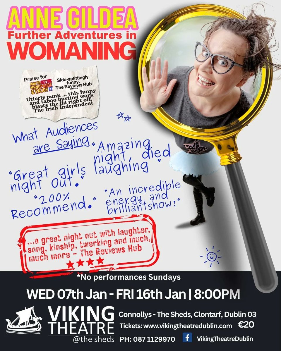 MUSIC. COMEDY. TWERKS and MUCH more! 🎭

<a href="/AnneGildea/">Anne Gildea - Irish Comedienne</a> "Further Adventures in WOMANING" running until Jan 16! Don't miss this sensational show. Secure your seats: vikingtheatredublin.com

#annegildea #furtheradventuresinwomaning #vikingtheatre #clontarf #thesheds #irishtheatre