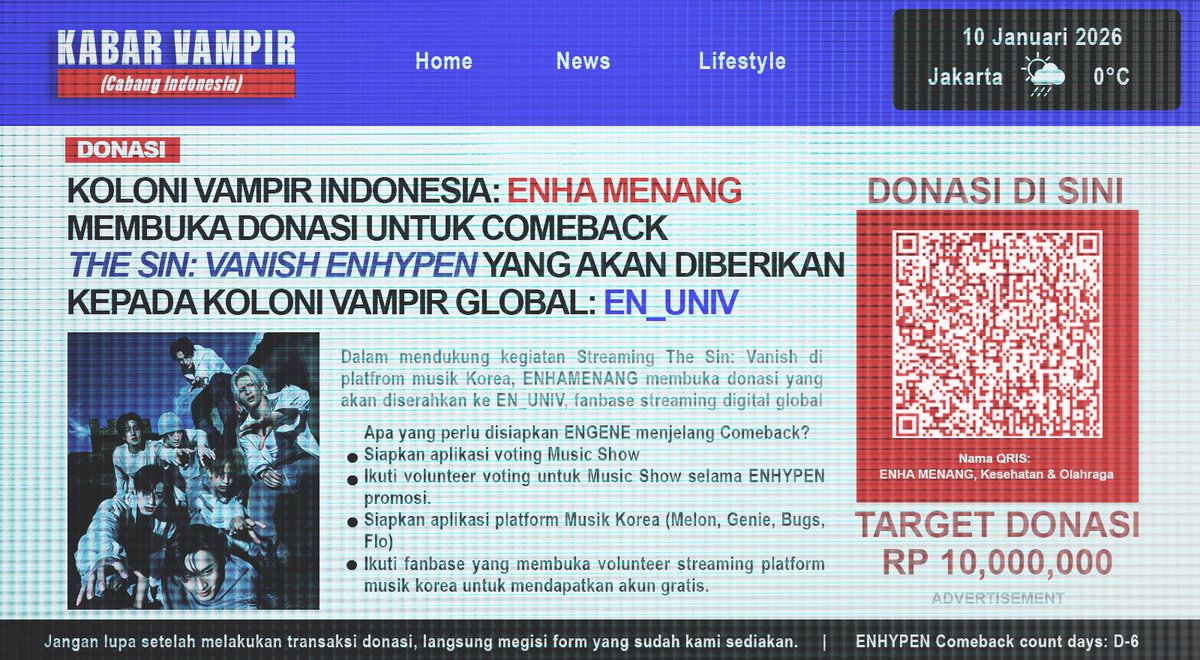 enhamenang's tweet image. [𝗗𝗢𝗡𝗔𝗧𝗜𝗢𝗡 𝗗𝗥𝗜𝗩𝗘]

ENHA MENANG resmi membuka donasi untuk membantu ENHYPEN dalam kegiatan comeback The Sin: Vanish. Donasi ini akan kami berikan kepada @en_univ, fanbase global yang berfokus pada dukungan digital streaming platform Korea selama masa promosi…