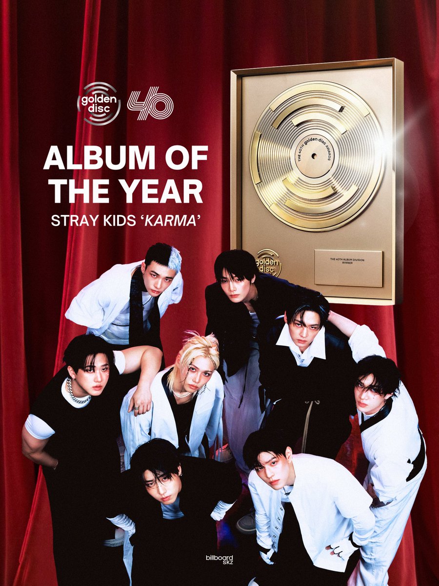 billboardskz's tweet image. 🏆 #StrayKids wins "Album of the Year (Daesang)" at the 40th Golden Disc Awards for ‘KARMA.’

Congratulations, @Stray_Kids!

STRAY KIDS DIVINE AT GDA
#StrayKidsAt40thGDA 
#SKZ_AlbumDAESANG_40thGDA