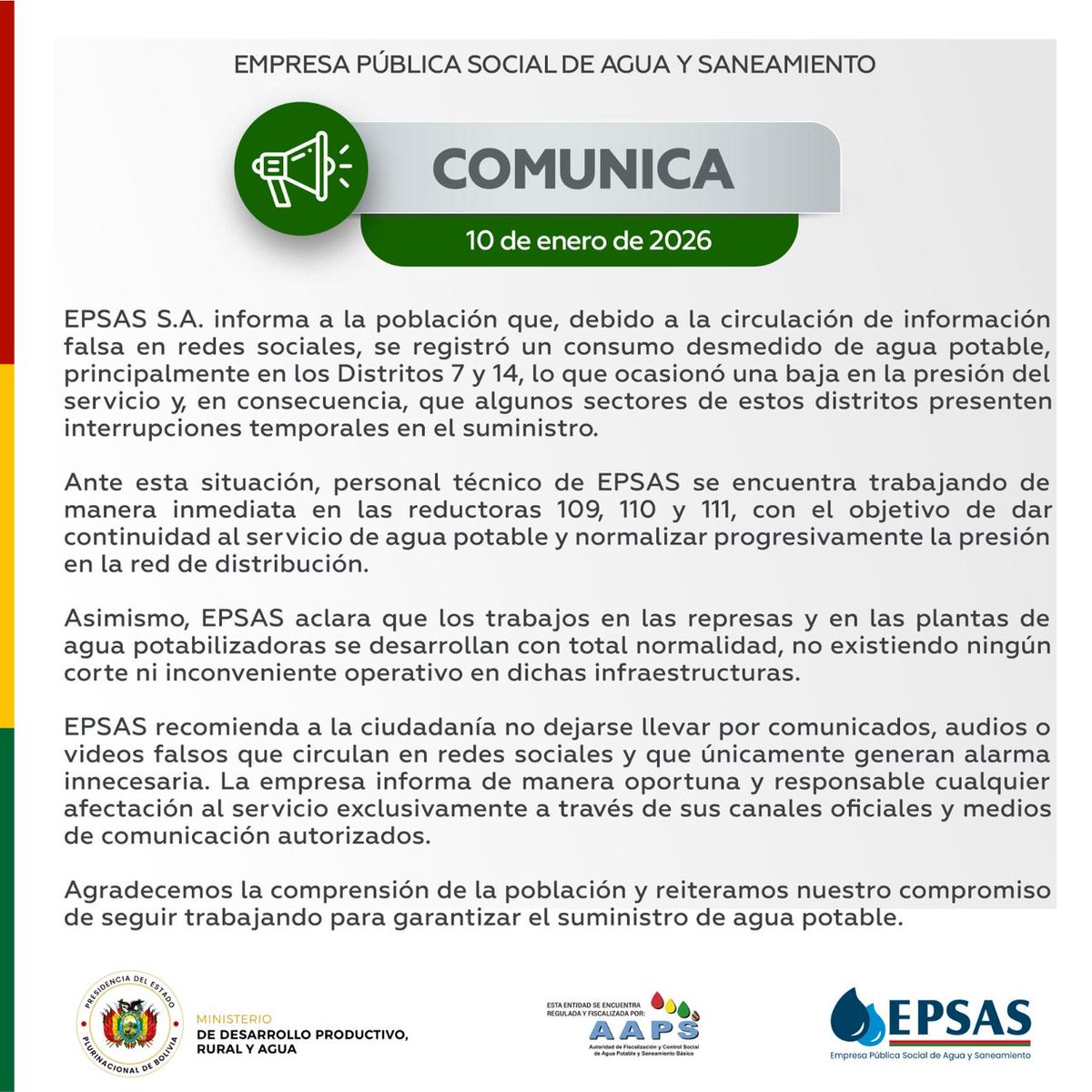 ContBolivia's tweet image. #Sociedad | #EPSAS advierte que circula información falsa en redes sociales lo que generó el consumo desmedido de agua en distritos 7 y 14 de #ElAlto, causando baja presión y cortes temporales. Técnicos trabajan en reductoras 109, 110 y 111 para normalizar el servicio.