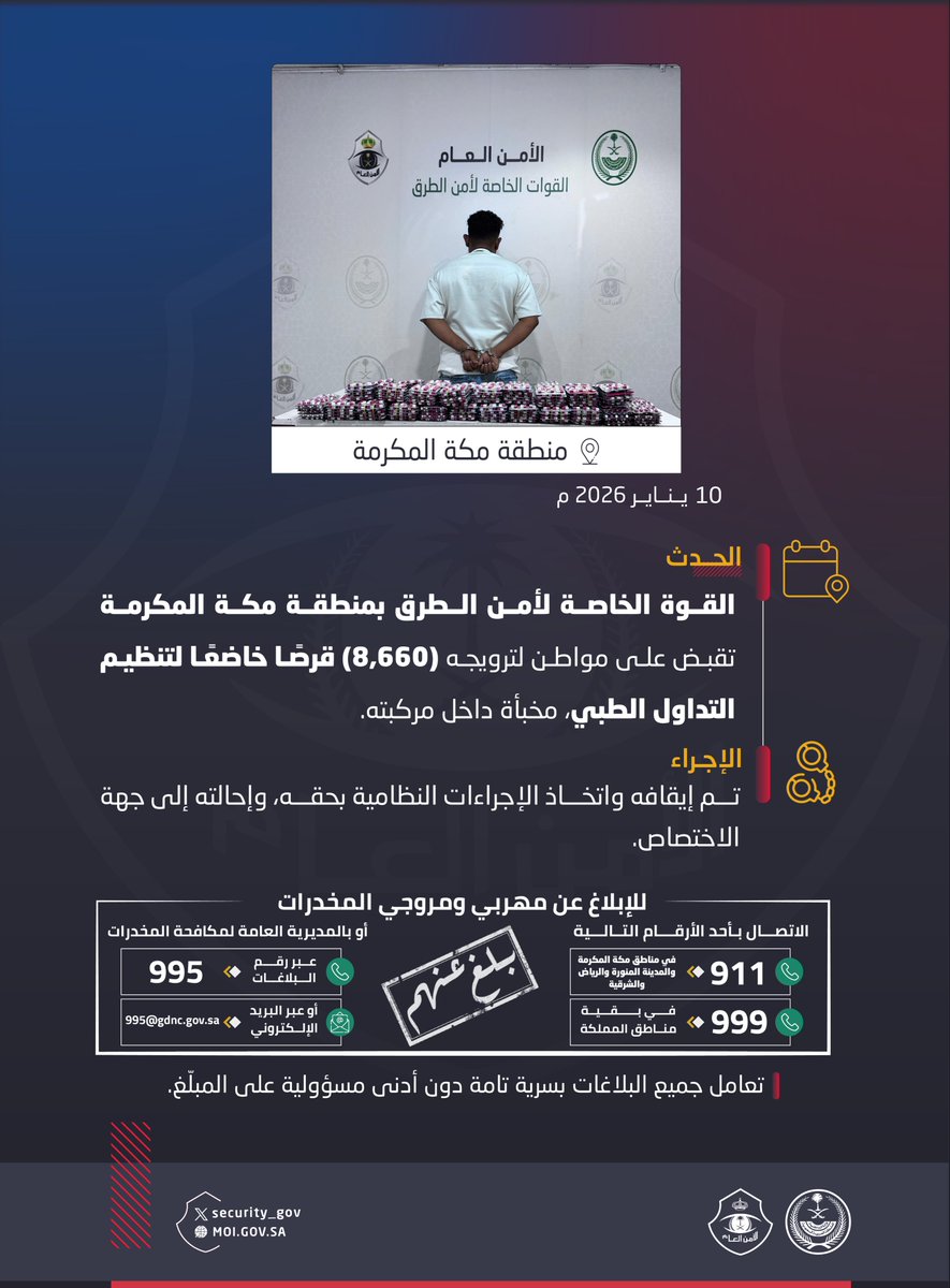 القوة الخاصة لأمن الطرق بمنطقة مكة المكرمة تقبض على شخص لترويجه (8,660) قرصًا خاضعًا لتنظيم التداول الطبي.
#الحرب_على_المخدرات
#بالمرصاد