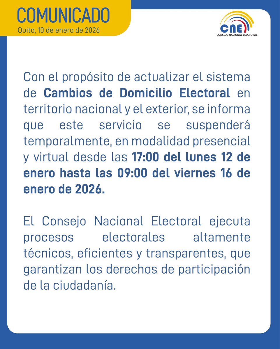 CNE_LosRios's tweet photo. 📢 #ServiciosElectoralesEc | Informamos a la ciudadanía que el servicio de Cambio de Domicilio Electoral estará suspendido temporalmente, de forma presencial y virtual.

🗓️ Desde el lunes 12 de enero (17h00).
🗓️ Hasta el viernes 16 de enero (09h00).

Revisa los detalles aquí.⤵️ https://t.co/b1seLSUWdX