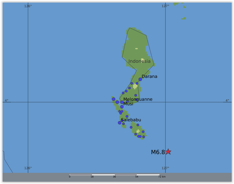 QLARM's tweet image. EARTHQUAKE M6.8. Origin Time: 2026-01-10 14:58:28 UTC, Talaud Islands, Indonesia (3.64 ; 127.02), Depth: 91.0 km, (source(s): GFZ). Estimated fatalities: 0 to 0, injured: 0 to 8. #earthquake #quake