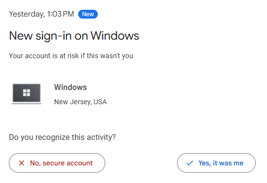 JRCsystems's tweet photo. Hey @GoogleCloudSec @gmail 

Did anyone @Google actually approve the "New sign-in activity" warnings?

Don't you think listing the ACTUAL IP Address would be somewhat important in determining if the sign-in was the account-owner or not?

Impossible to answer otherwise.
#ITRTG https://t.co/Q0aiiCW7jE