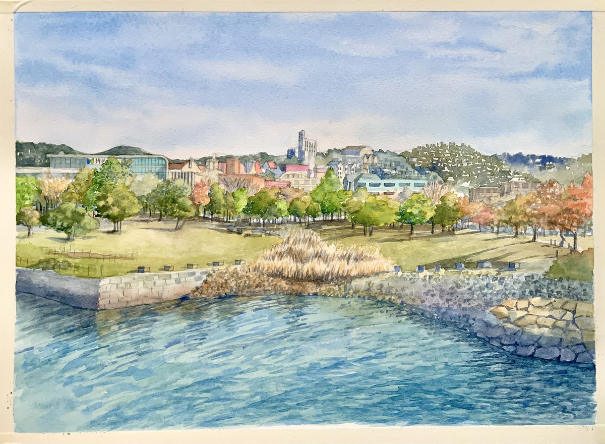 水辺の森公園から遠く長崎の街を望む。#透明水彩 #長崎 #水彩画
