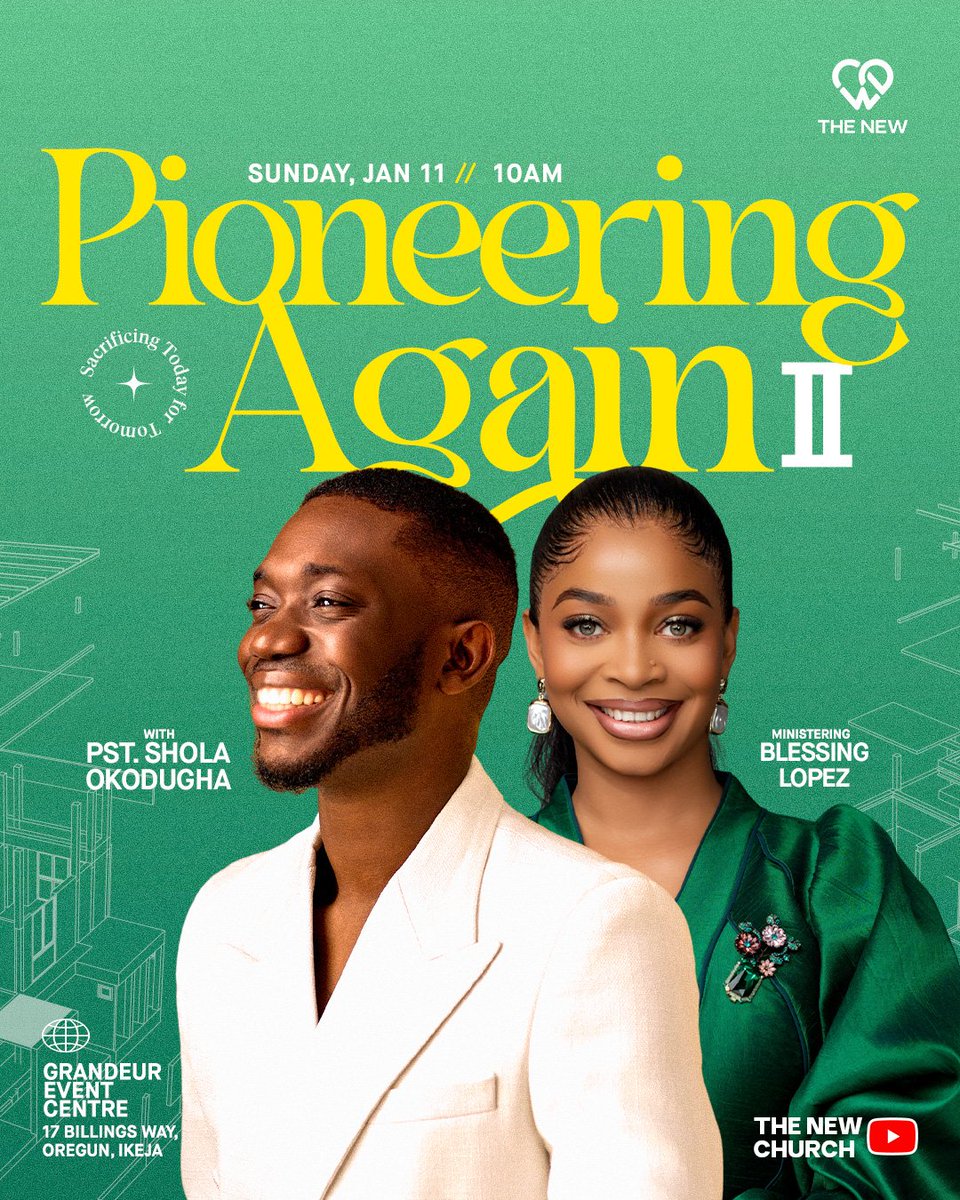 Last week, we began the series Pioneering Again, focusing on the life of Nicodemus.
Tomorrow, we continue the journey and will be joined by Minister Blessing Lopez for a powerful time of praise.

🕙 10 AM
📍 Grandeur Event Centre, Ikeja

We can’t wait to see you there! 💛