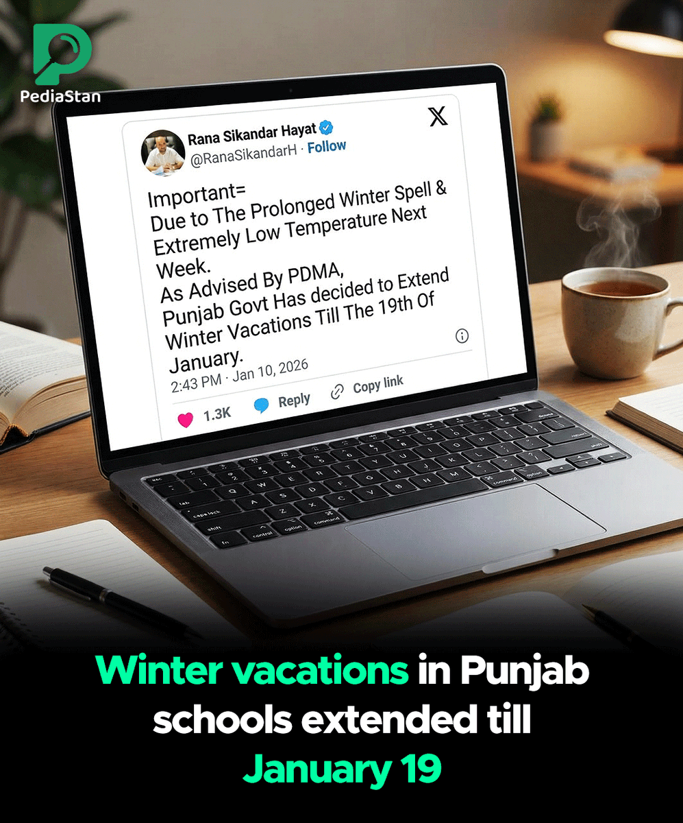 Pediastan's tweet image. Due to the prolonged winter spell and extremely low temperatures expected next week, the Punjab government has extended winter vacations until January 19. 

#WinterVacations #PunjabUpdate #ColdSpell #StudentSafety #PDMAAdvice #WeatherAlert #Pediastan