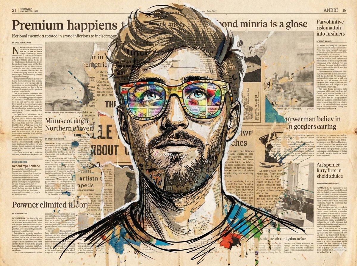 Sheldon056's tweet image. Gemini Nano Banana Pro

Prompt:
Vibrant expressive portrait of a man looking upwards with wonder, wearing oversized bright orange-red glasses (glass light colour full shade). The face is sketched in dynamic black strokes on a textured newspaper background, enriched with splashes…