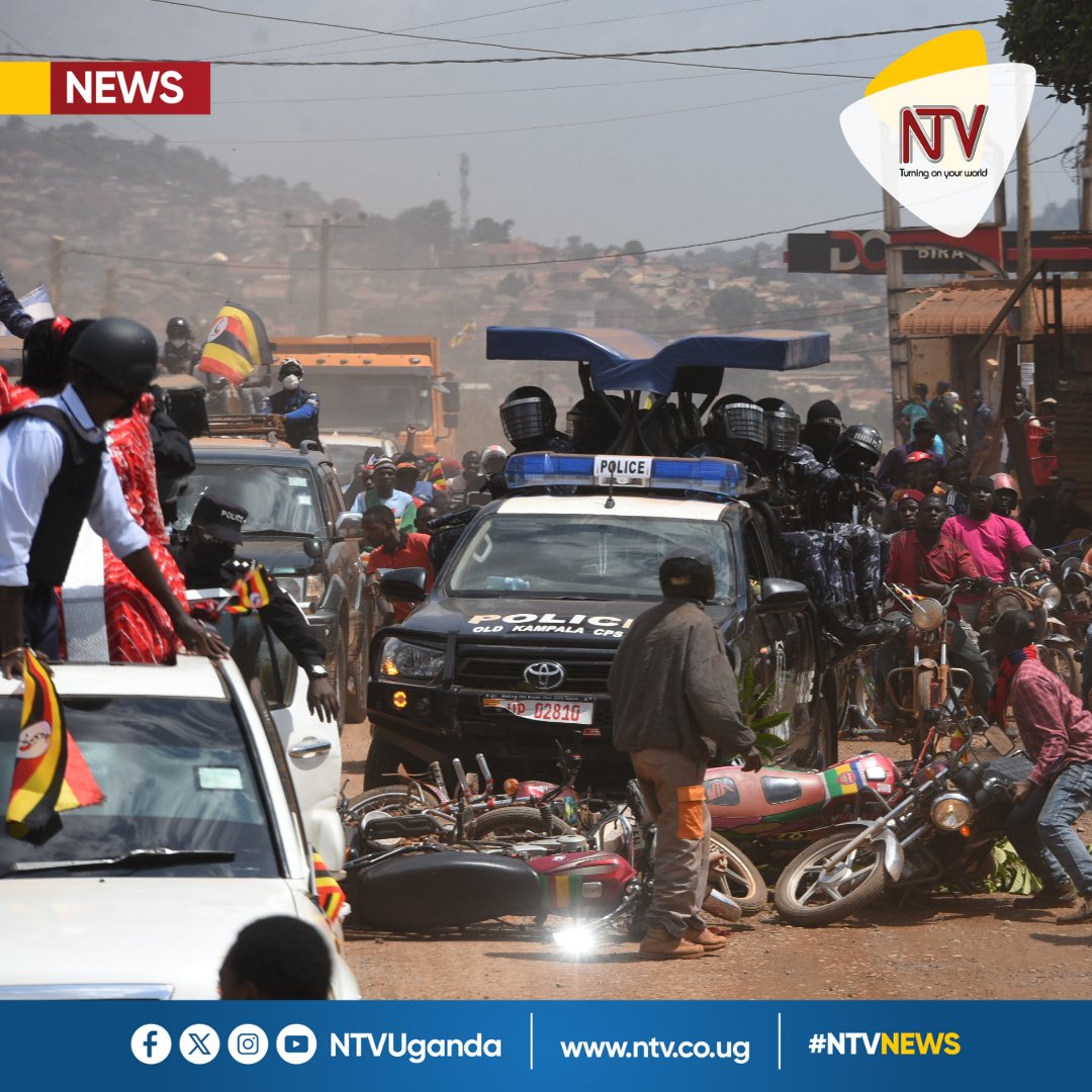 ntvuganda's tweet image. Pictorial: Police fired teargas to disperse supporters of National Unity Platform (NUP) presidential candidate Robert Kyagulanyi Ssentamu, alias @HEBobiwine, along Sentema Road as he heads to Busiro North and South constituencies for his campaigns. 
A police vehicle also struck…