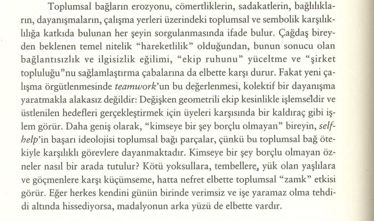 KKirmizisakal's tweet photo. "'Self-help'in başarı ideolojisi toplumsal bağı parçalar. Kimseye bir şey borçlu olmayan' özneler nasıl bir arada tutulur? Kötü yoksullara, tembellere, yük olan yaşlılara ve göçmenlere karşı küçümseme, hatta nefret elbette toplumsal 'zamk' etkisi görür." (Dardot &amp; Laval) https://t.co/HOoNxo6cQm