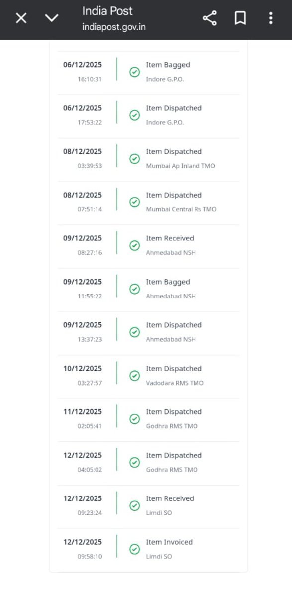 एक डाक 12 दिसंबर को डिलीवर हो चुकी है जहां भेजी वो मना कर रहे हैं नहीं मिलीं कृपया कर मदद करें बहुत महत्वपूर्ण दस्तावेज था इसमें POD मिलना बहुत जरूरी उक्त मामले को गंभीरता से लेते हुए समाधान करें
<a href="/IndiaPostOffice/">India Post</a> <a href="/pmgvadodara/">Vadodara Postal Region</a> <a href="/cpmggujarat/">Gujarat Postal Circle</a> <a href="/AshwiniVaishnaw/">Ashwini Vaishnaw</a> <a href="/JM_Scindia/">Jyotiraditya M. Scindia</a> <a href="/manojsinha_/">Manoj Sinha</a>