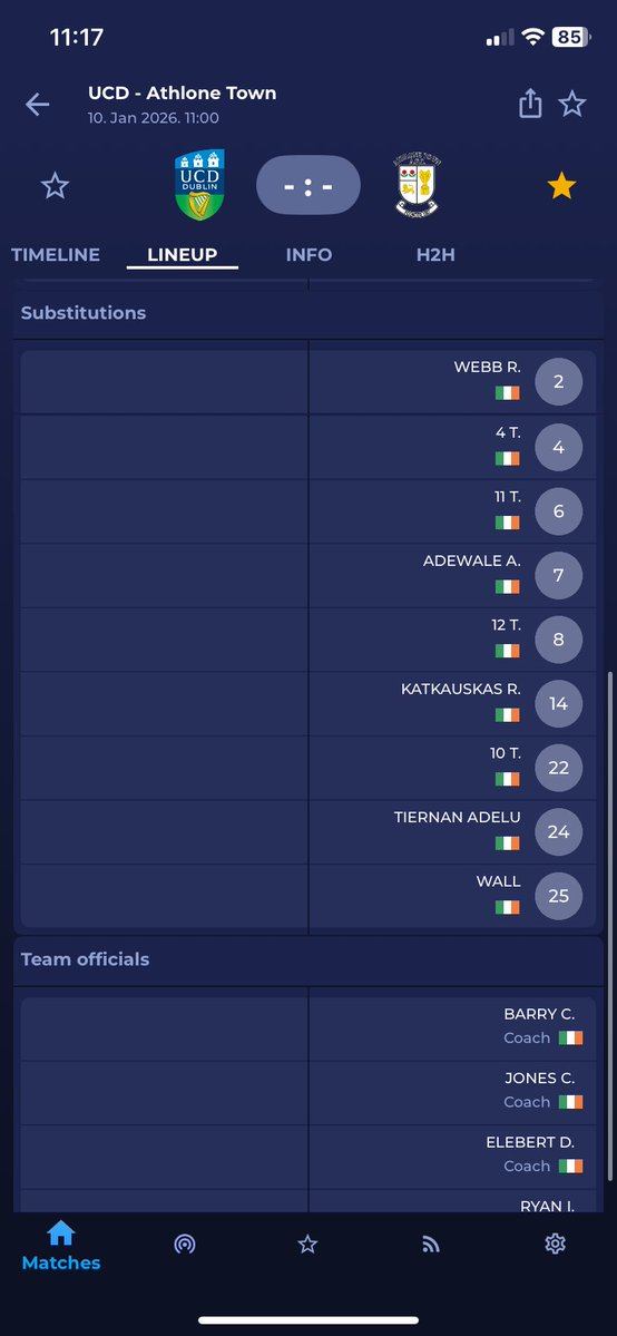 TheDHSC's tweet image. Lineup for todays Friendly against UCD! Derin Adewale looks to be staying on as he is on the bench for todays game.