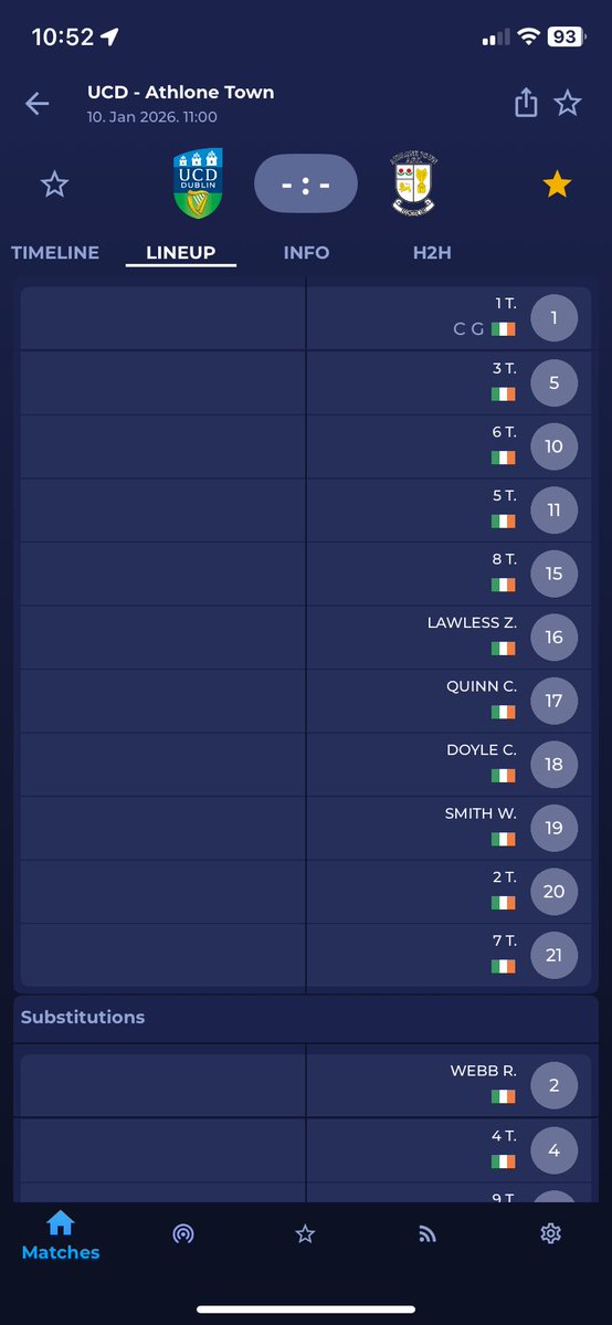 TheDHSC's tweet image. Lineup for todays Friendly against UCD! Derin Adewale looks to be staying on as he is on the bench for todays game.