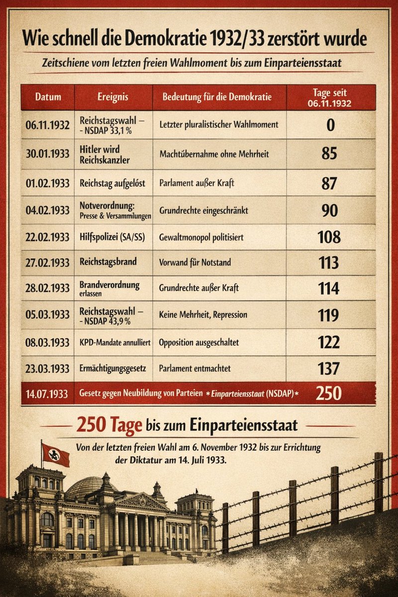 🇩🇪 Betrifft: 250 Tage 
So lange dauerte es von der letzten wirklich pluralistischen Reichstagswahl am 6. November 1932 bis zum gesetzlich verankerten Einparteienstaat am 14. Juli 1933.

Innerhalb von nur 52 Tagen nach der Ernennung Hitlers zum Reichskanzler (30.01. → 23.03.1933)