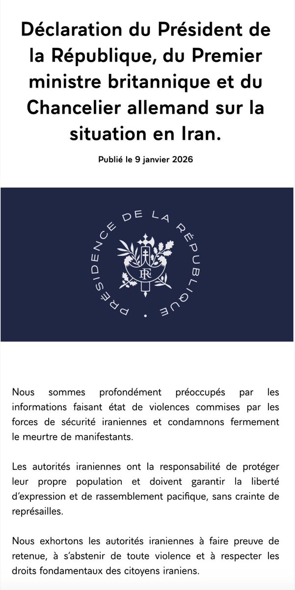 QuentinHoster's tweet image. Indigne déclaration de la France, de l’Allemagne et du Royaume-Uni sur la révolte du peuple iranien. La grandiloquence lyrique habituelle laisse place à une indécente mollesse, exhortant les Mollahs à faire preuve de « retenue » et à « respecter les droits fondamentaux » déjà…