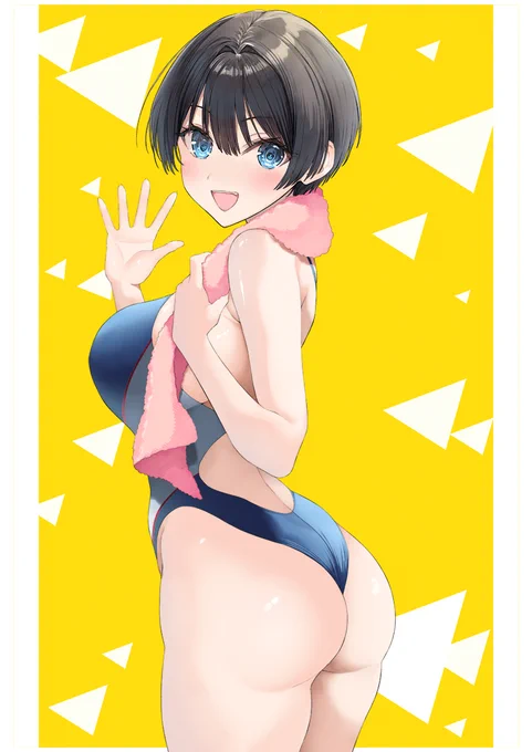 お尻食い込んでるの気づいてないボーイッシュな競泳水着ちゃん