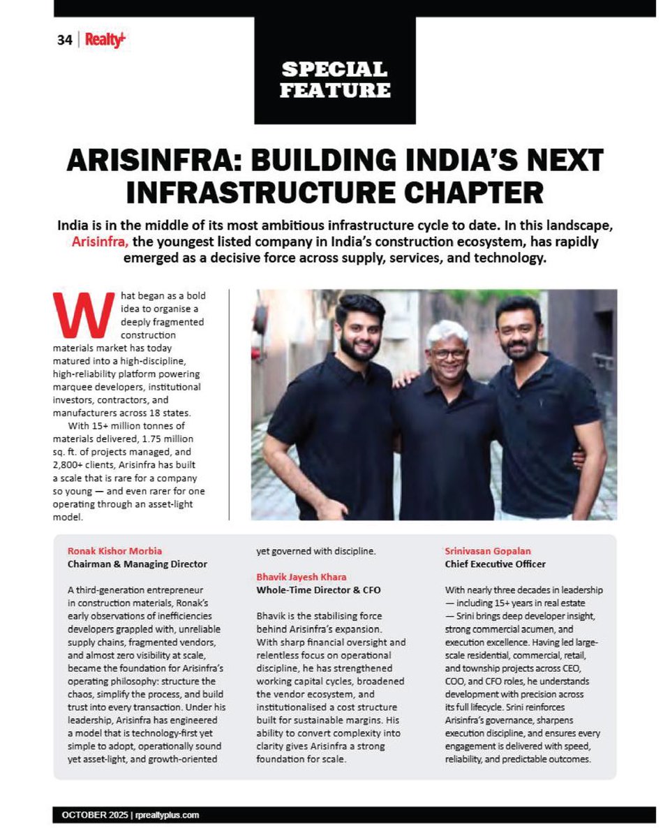 RPRealtyPlus's tweet image. Building India’s next infrastructure chapter!

Featuring insights from:
Ronak Morbia - Chairman &amp;amp; MD
Bhavik Khara - WTD &amp;amp; CFO
Srinivasan Gopalan - CEO

👉 Read the full story in the latest Reality+ issue: rprealtyplus.com/magazine/novem…

#RealityPlus #SpecialFeature #Arisinfra