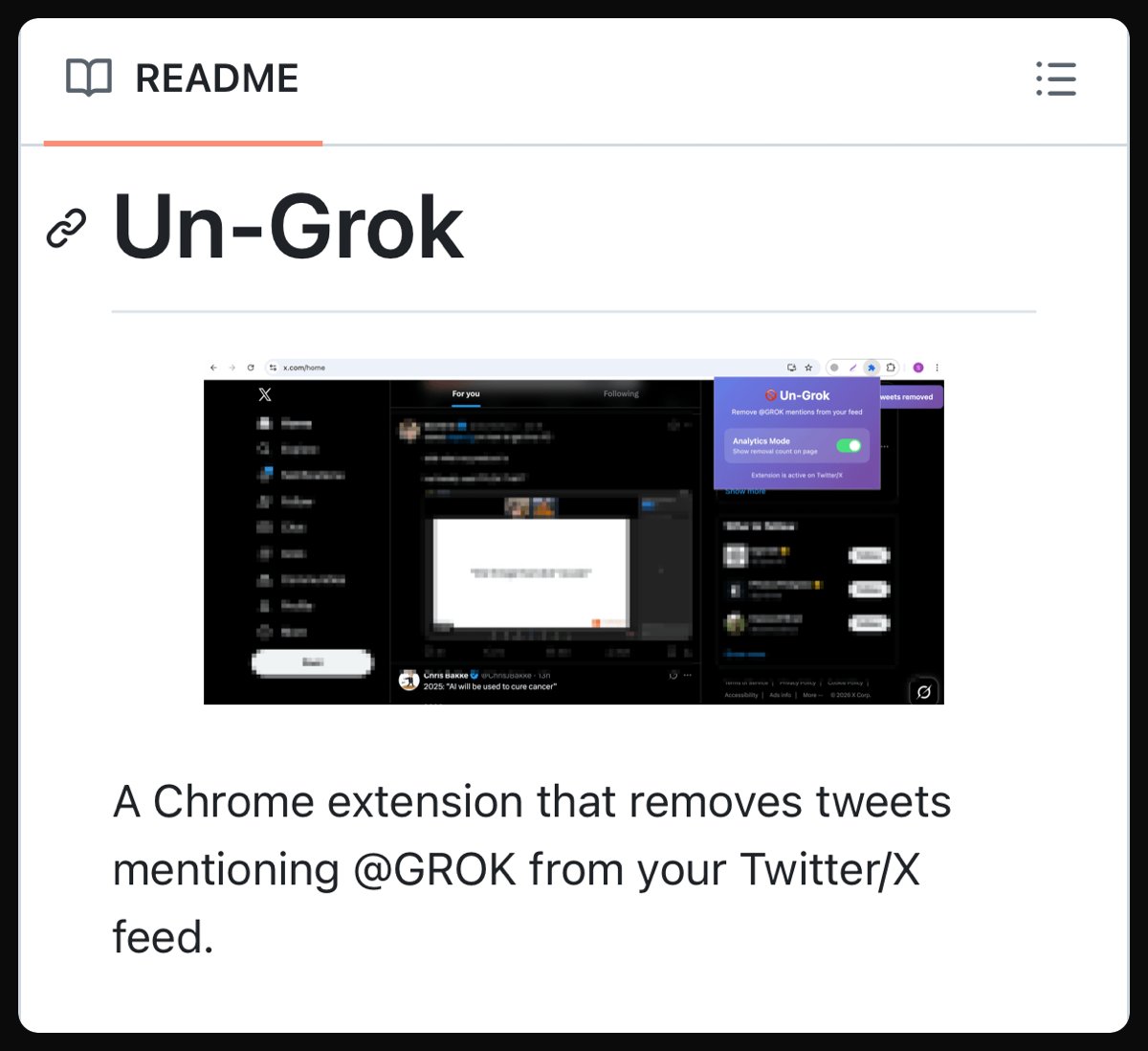 GithubProjects's tweet image. Save your X/Twitter timeline from Grok junk mentions with this open-source tool.