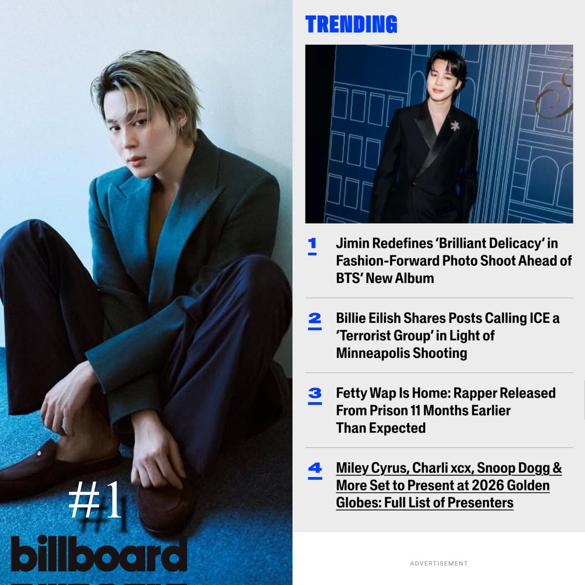 OMGGG 🤯🔥 JIMIN IS TRENDING #1 ON BILLBOARD ! 

🗣️All three of the covers dub the K-pop superstar "The Sound of Now." "At the moment, Jimin," the publication's caption on Instagram reads. "Brilliant delicacy, dreamy and fairytale, cozy beauty. 

GLOBAL IT BOY PARK JIMIN
