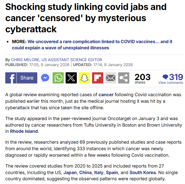 TRobinsonNewEra's tweet photo. So a study linking CONVID jabs to cancer was published on the peer-reviewed journal Oncotarget on January 3.

Then the medical journal was hit by a 'cyber attack' which took the entire site offline.

Oncotagret has put out this statement on their website:

In December 2025 and January 2026, our server experienced a malicious cyberattack, which was reported to the FBI. The attacks have continued since then.

The Dark side of PubPeer: there are suspicions that certain individuals associated with PubPeer may have been involved in cybercriminal activities, including hacking servers, causing journal websites to go offline, and using illegitimate practices to influence Google search results for journals and scientists. We are in contact with the Federal agencies right now about the suspects.

How strange.

Link to their website here - https://t.co/cHHjgwwprG