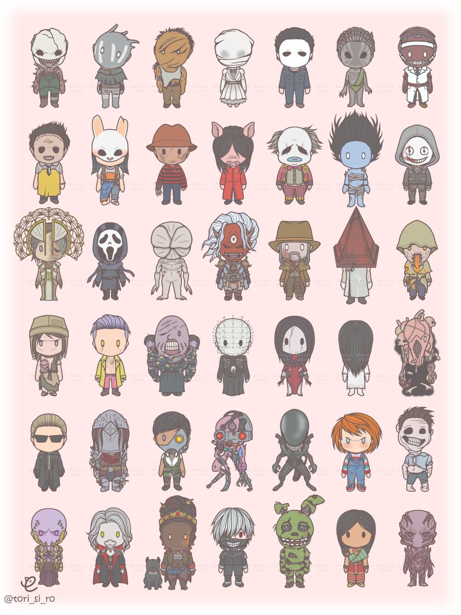 tori_si_ro's tweet image. 【DbD】昨年から少しずつ描いたちびキラー達🐥（統計や自己紹介カードに使う予定）