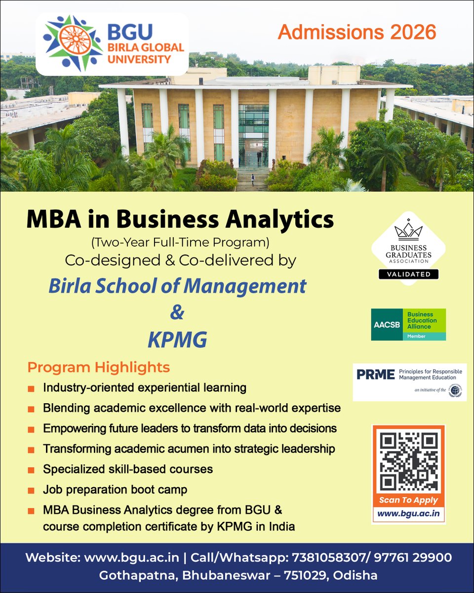 bgubbsr's tweet image. MBA in Business Analytics (Two-Year Full-Time Program) Co-designed &amp;amp; Co-delivered by Birla School of Management &amp;amp; KPMG. The program blends academic excellence with real-world industry insights. 
Apply Online: forms.bgu.ac.in

#MBABusinessAnalytics #MBABA #MBAatBGU #bgu