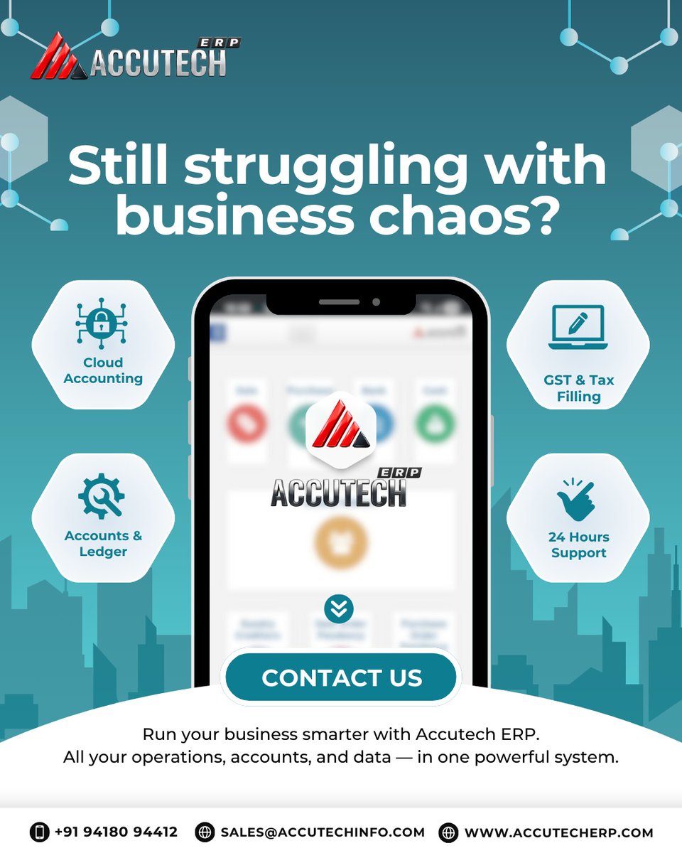 accutech_erp's tweet photo. Still struggling with business chaos?
Simplify inventory, accounting &amp; GST with AccutechERP
One powerful ERP for smarter business management.
👉 https://t.co/79nGFhpVNF
📞 9418094412
#AccutechERP #ERPIndia #InventorySoftware #AccountingSoftware #GST #InventoryManagement #IndiaSME https://t.co/YHLF8LGENO