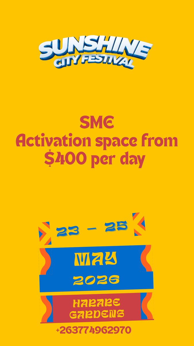 TambaEvents's tweet image. Get your brand visible during the 3 day festival get in touch for details +263774962970 or email Sunshinecityfestival@gmail.com

Let's grow together.