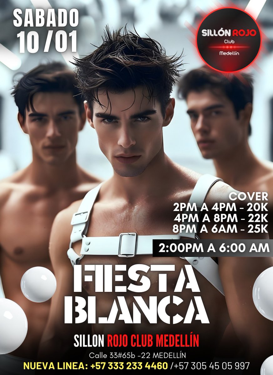 🏳️‍🌈 Sillón Rojo 🏳️‍🌈 Gay 🏳️‍🌈 Medellín 

Sábado
🤍 FIESTA BLANCA 
2 pm a 6 am

👽 Todos bienvenidos