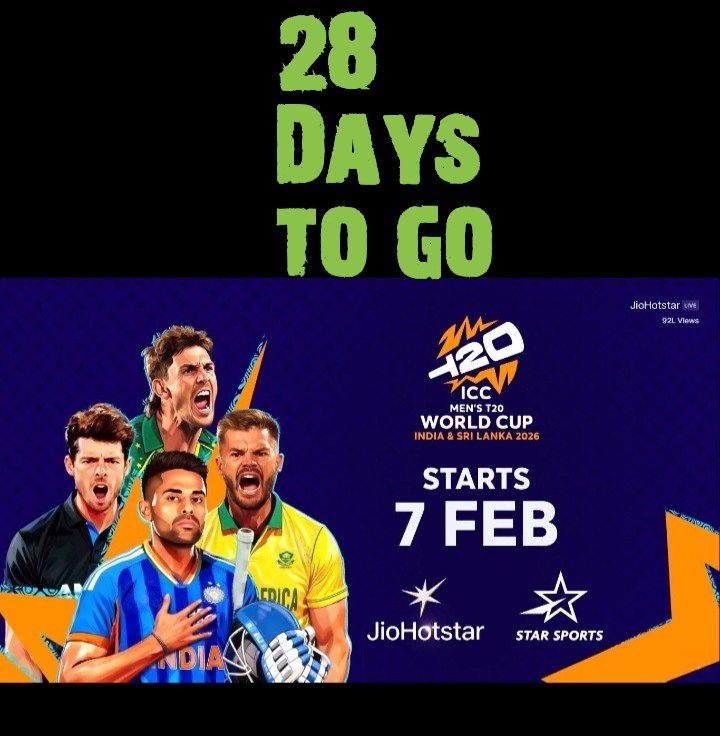 🖐️'28' days to go for the
 "T20I World Cup"-2026, 
kicking off on 7 February 2026.🏏🥳