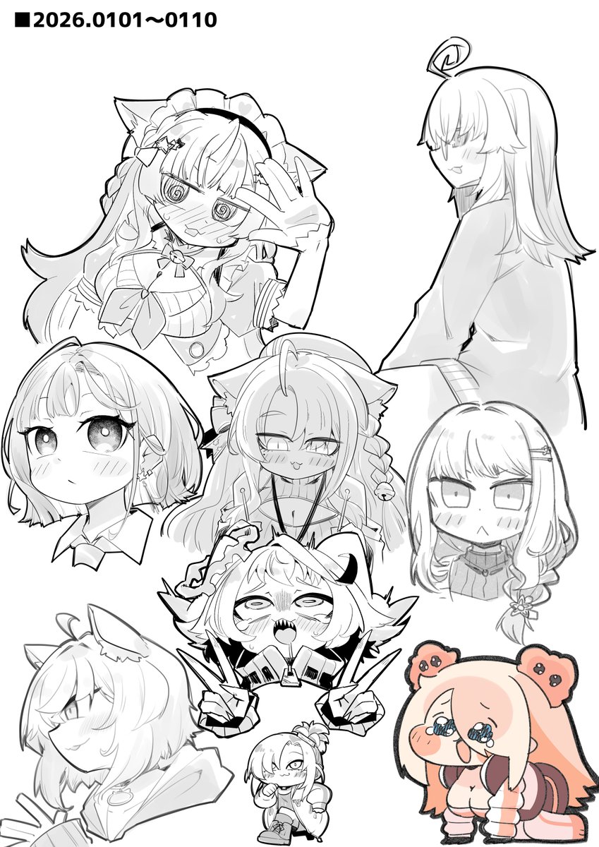 つふーるページ(イラストオーダー) 1日から10日までのラフ一枚にまとめた。二枚目は描いたvtuberさんの