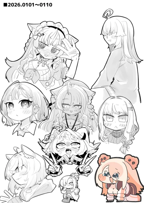 1日から10日までのラフ一枚にまとめた。二枚目は描いたvtuberさんの名前と所属入り
 #221ラフ置き場 